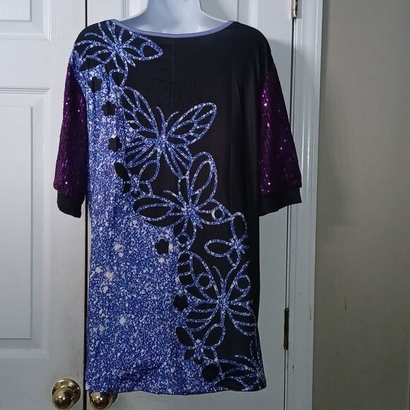 Butterflies purple black blue print shirt with sequin sleeves Sz 2X NWOT - Picture 5 of 9